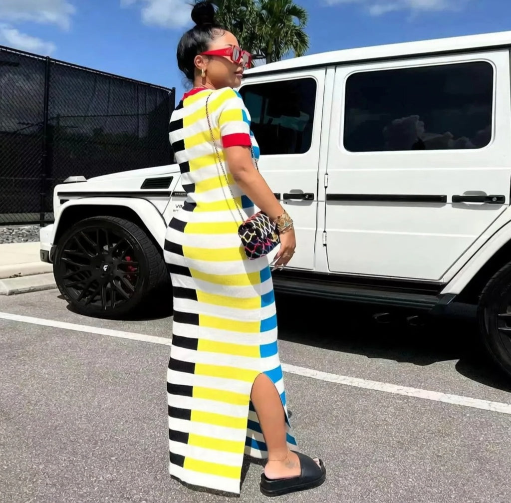 Colorblock Striped Slit T-Shirt Maxi Dress