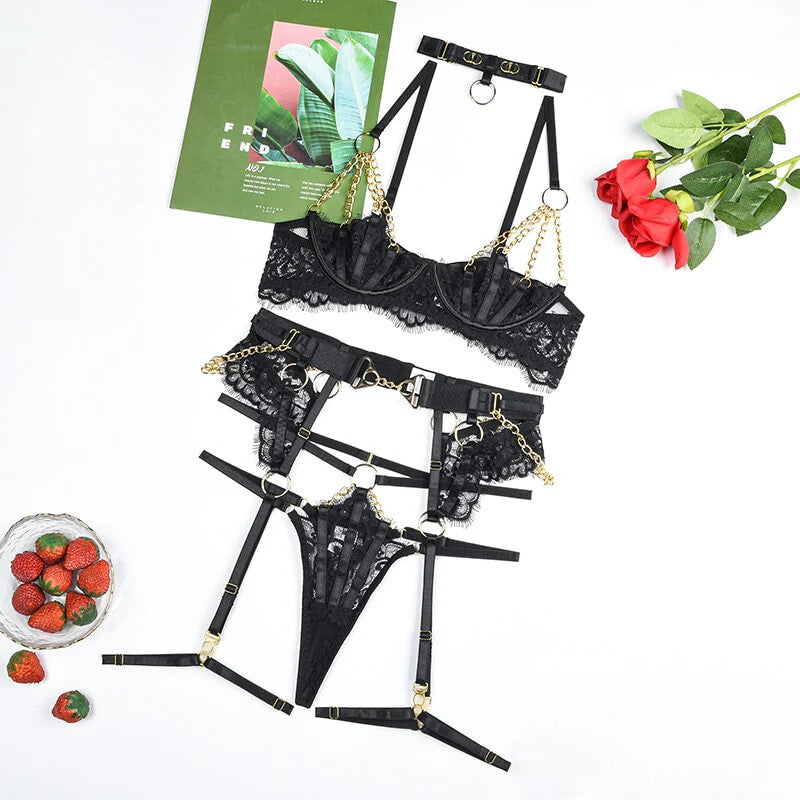 Lace hollow steel ring gathers sexy half cup sexy underwear five-piece set