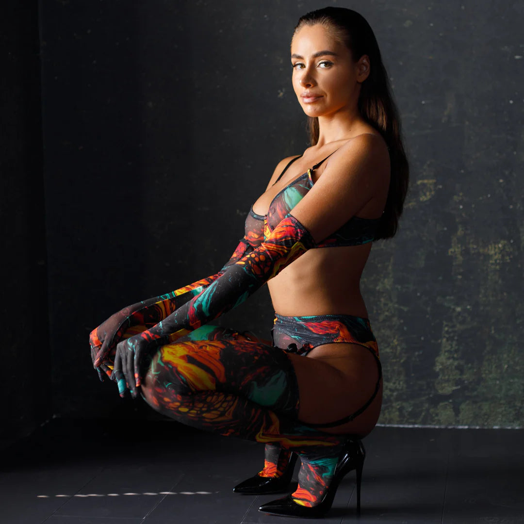 Sexy see-through gathered printed leg warmers with gloves five-piece set