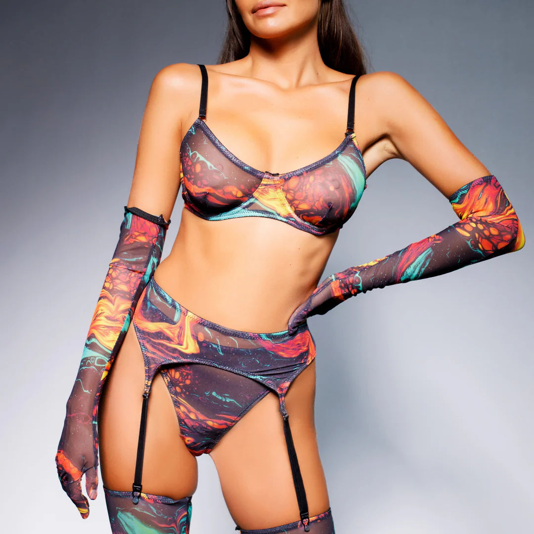 Sexy see-through gathered printed leg warmers with gloves five-piece set