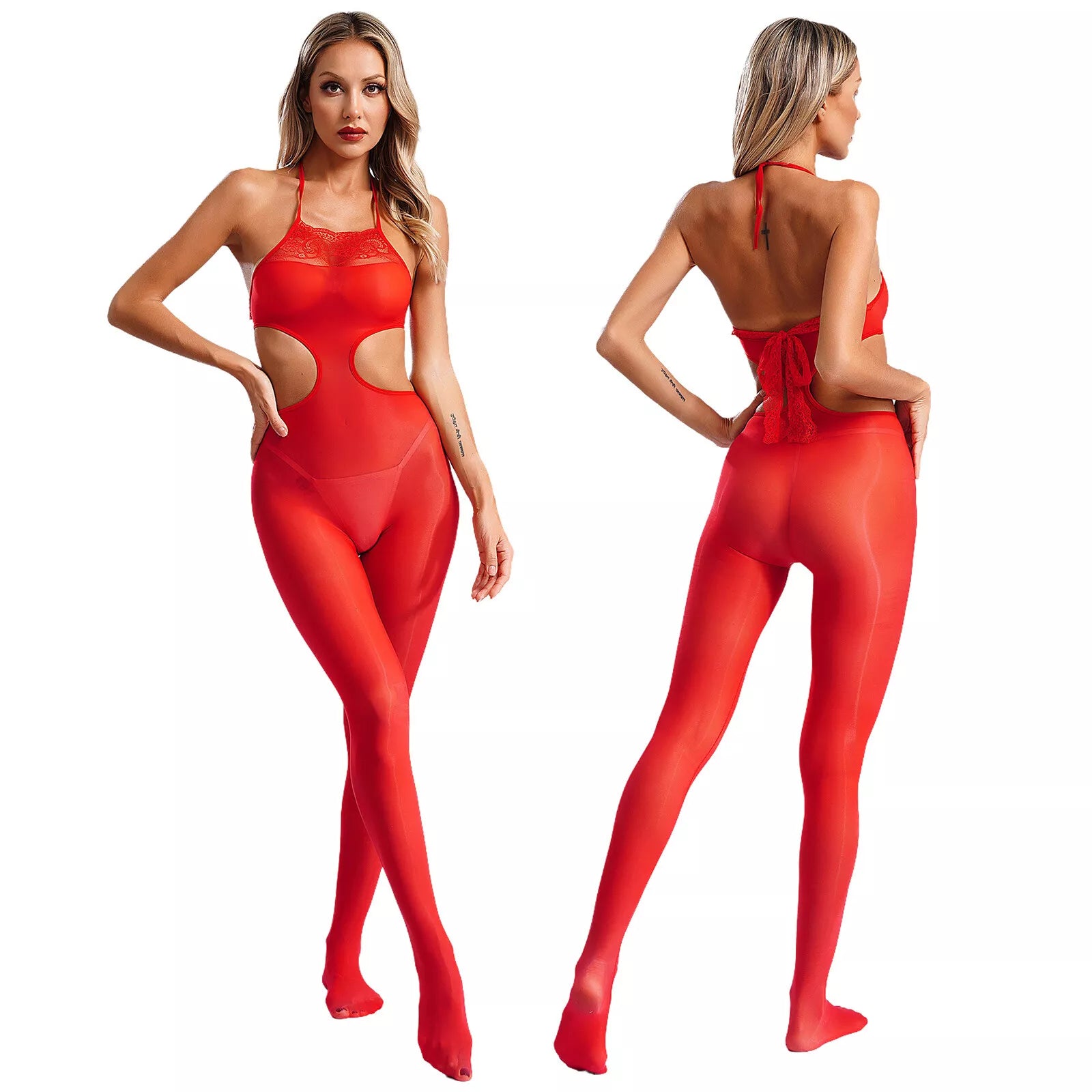 Lace bellyband waist-baring shiny jumpsuit