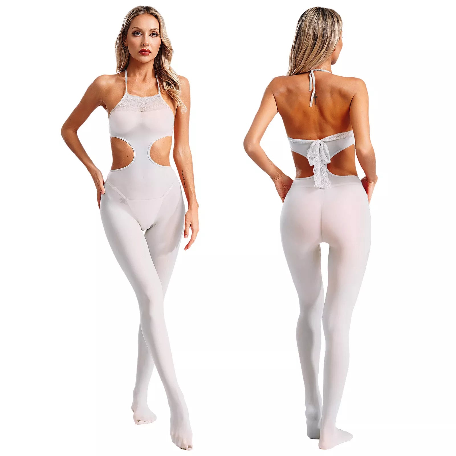 Lace bellyband waist-baring shiny jumpsuit