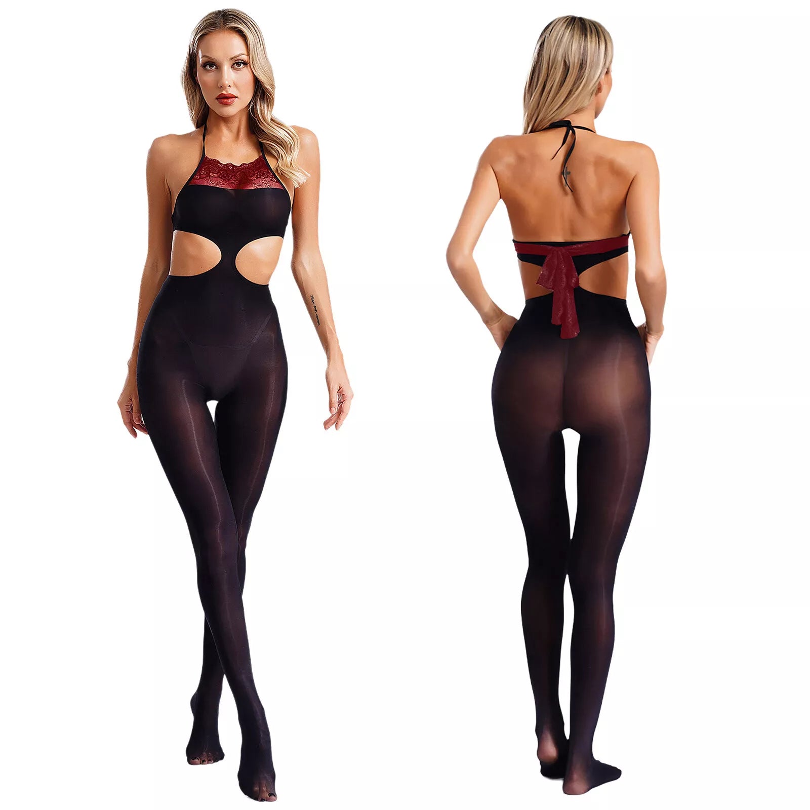 Lace bellyband waist-baring shiny jumpsuit