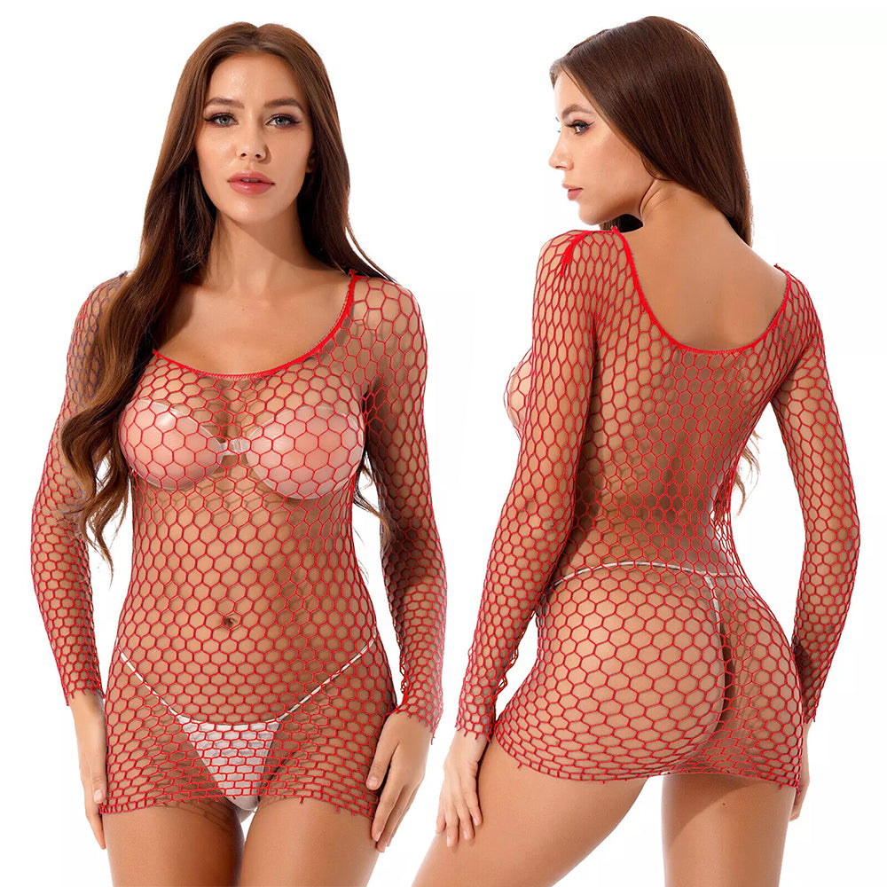 Sexy long sleeve hollow mesh revealing hip skirt